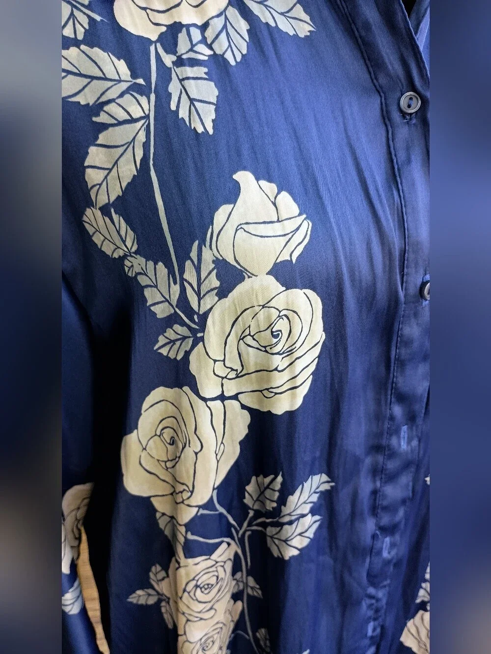 Free People Off The Vine Blue Satin Button-Up Tunic with Cream Rose Print_XS